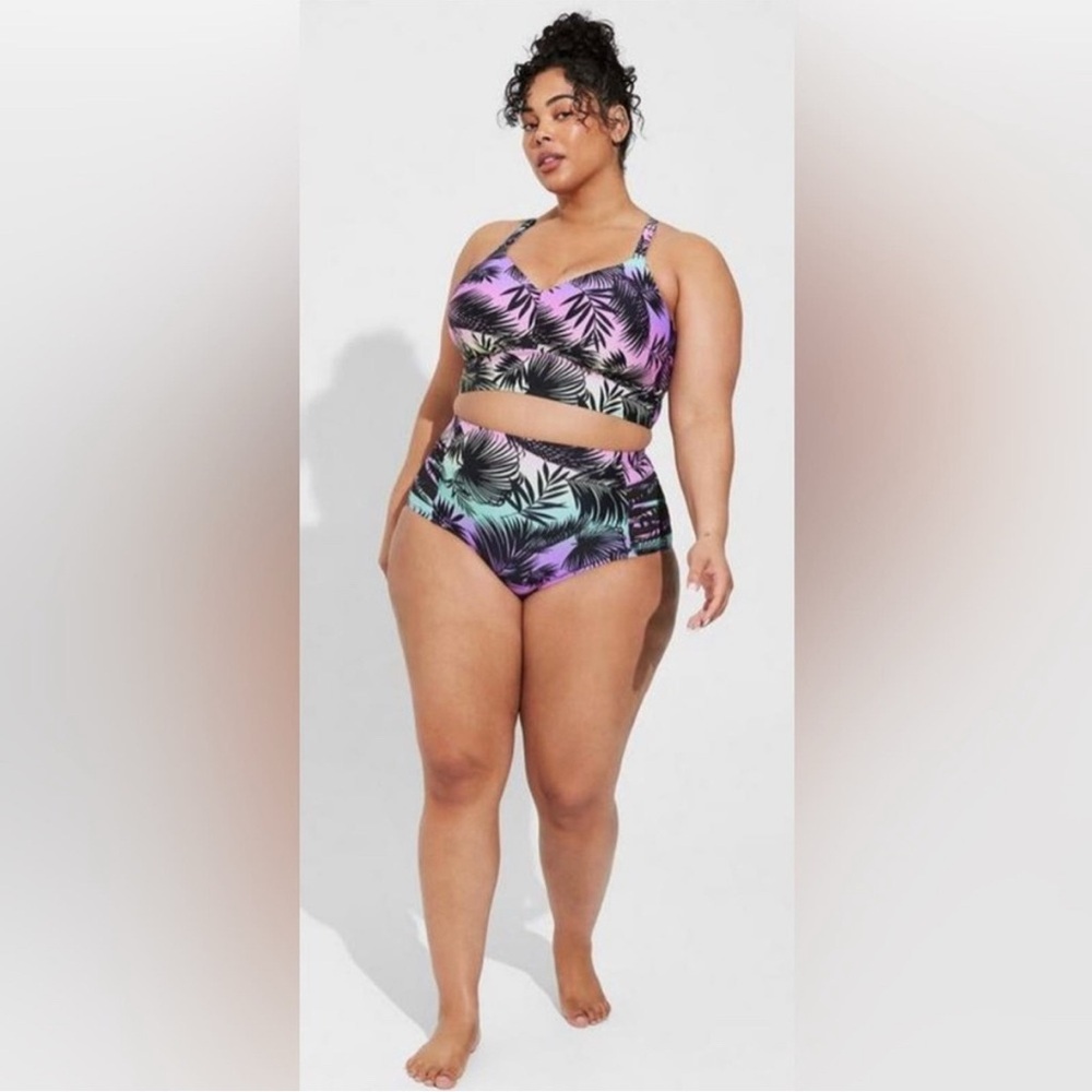 Purple and Green High-Waisted Bikini Set with Tropical Print